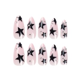 Almond Press on Nails Medium Fake Nails Black Star False Nails with Design Shiny Rhinestones Full Cover Glue on Nail Glossy Acrylic Stick on Nails Nude Artificial Nails for Women Manicure 24Pcs