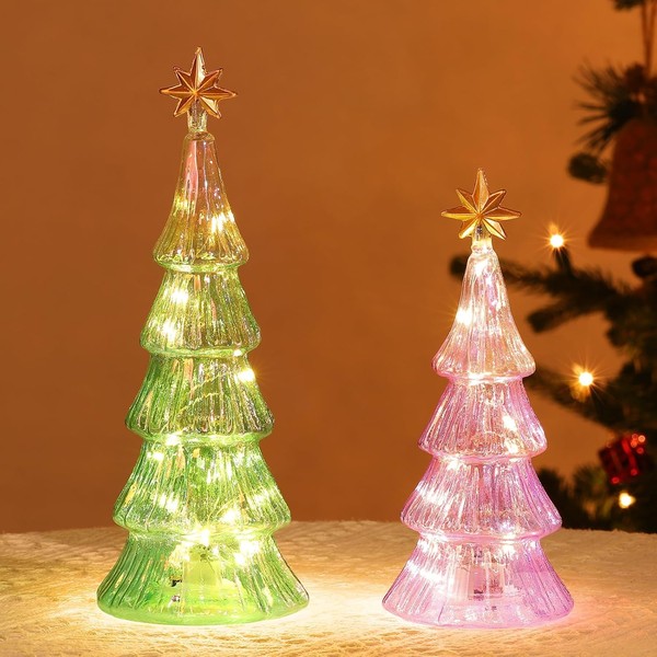 Lewondr Glass Christmas Tree Lamps, 2 PCS Tabletop Mercury Small
