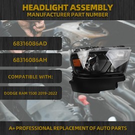 Dasbecan Halogen Headlights Compatible With Dodge Ram 1500 2019-2022 Black Frame Headlamp assembly Right Passenger Side Replaces#68316086AD 68316086AH