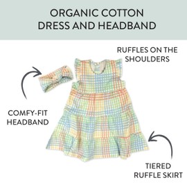 HonestBaby 2-Piece Outfit Dress & Headband Set for infant, Baby and Toddler Girls, Seersucker Plaid Fawn, 3T