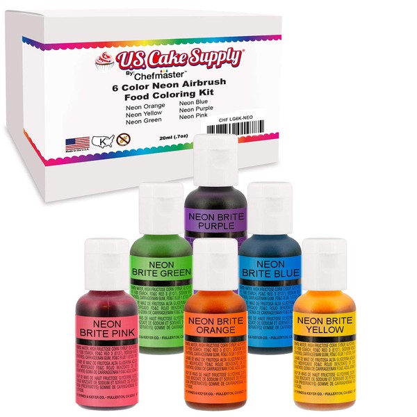6 Color Cake Food Coloring Liqua-Gel Decorating Baking Neon Colors Set - U.S. Cake Supply .75 fl. Oz. (20ml) Bottles Neon Colors - Made in the U.S.A.