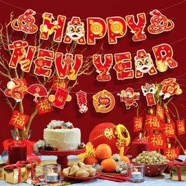 LOONELO Happy New Year Hanging Banners, 2025 Asian Spring Festival Cardstock Hanging Signs, Zodiac Year of the Snake Party Decorations for Oriental Chinese Vietnamese Lunar New Year Celebrations