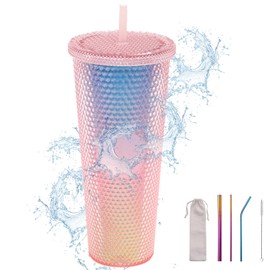 Cresbel Rivet Cup with Lid and Straw, 710 ml Reusable Double-Walled Plastic Drinking Cup, Cold Cup, Plastic Drinking Cup, Travel Cup for Iced Coffee or Water to Go (Pink)