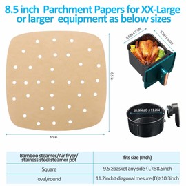 Air Fryer Parchment Paper Liners: 200PCS 8.5 inch Square Perforated parchment paper for Air Fryer, Premium Bamboo Steamer Liner for Air Fryers Baking Cooking Oven