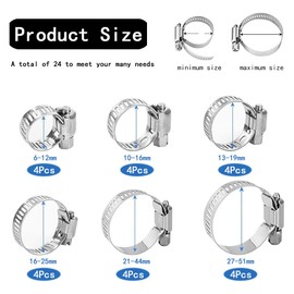 TRKETK 24 Pcs 6-51mm Hose Clips Set, Adjustable Stainless Steel Hose Clip Worm Drive Pipes Tube Clamp 304 Stainless Steel Small Hose Clamp for Pool, Washing Machine, Garden, Securing Hose (6 Size)