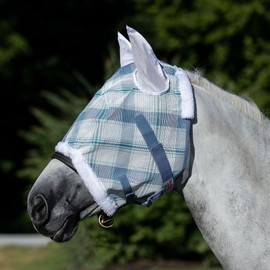 Schneiders Dura-Mesh Plaid Fly Horse Mask with Ears | Ultra-Durable 1000D Mesh | 70% UV Protection | Breathable Open Weave | Color Blue Plaid | Size Full Size