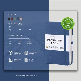 Beechmore Books A6 Password Keeper Book with Alphabetical Tabs - 4.1x5.8" Vegan Leather Hardcover Passcode Book with 120gsm Pages for Internet Log In, Usernames - Password Manager Notebook with Box (Symphony Blue)