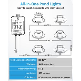 HIBOITEC LED Pond Lights, RGB Underwater Fountain Light with 12V Timer Transformer, Photocell Light Sensor, IP68 Waterproof Outdoor Underwater Lights for Outdoor Ponds Garden, 6 Pack