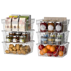 Slideep Stackable Storage Baskets Stainless Steel Cabinet Organizer Sturdy Metal Wire Pantry Freezer Bin for Pantry Home Bathroom Kitchen Organization 6 Packs