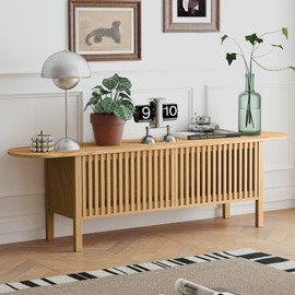 HollyHOME Bamboo TV Stand with Storage for TVs up to 65", Modern Entertainment Center with Fence Door, Accent TV Table with 2 Shelf, Media Console TV Stand for Living Room, Bedroom, Burlywood