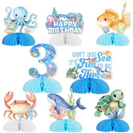 SHADOAMP Under the Sea Birthday Decorations, 8pcs Sea Animal Creature Themed Honeycomb Centerpieces Double-sided Printed Table Decorations for Boys Ocean Undersea Themed 3rd Birthday Party Supplies