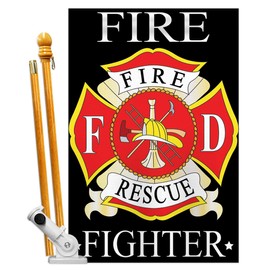 Two Group Fire Fighter Armed Forces Firefrighter Fireman Department Rescue Red Line Hero Support Decoration Banner Small Garden Yard Gift Double-Sided, House Flag Set 28"x 40" w/Flagpole, Imported