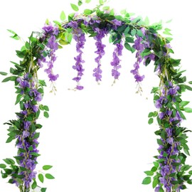 Purple Wisteria Artificial Flowers Garland, 4 Pcs Total 7.6m Artificial Wisteria Vine Silk Hanging Flower for Home Garden Outdoor Ceremony Wedding Arch Floral Decor