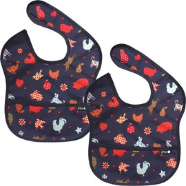 Plie 2 Pack Waterproof Baby Bibs with Food Catcher – Soft Feeding Bibs Set for Toddlers and Infants, BPA-Free, Easy to Clean, Adjustable Velcro Neck (6–24 Months) - Navy Zoo