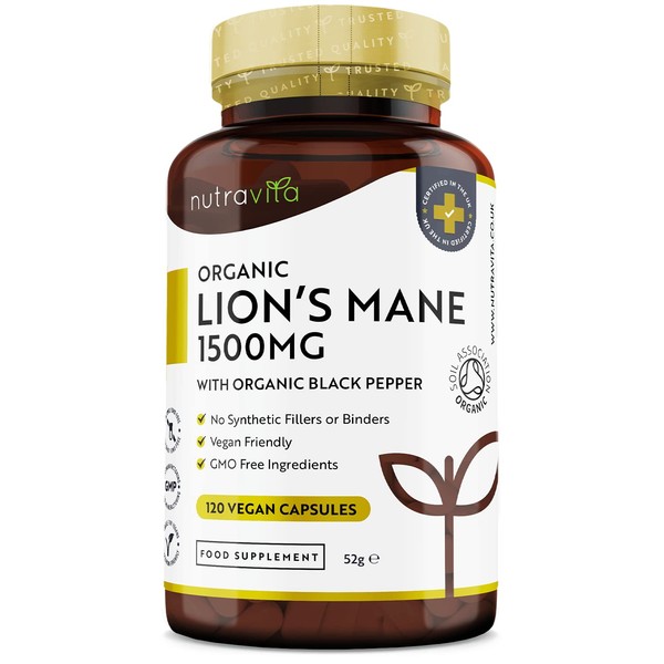 Organic Lions Mane Mushroom 1500mg - 120 High Strength Vegan Capsules (Not Powder) - Lions Mane Supplement with Organic Black Pepper - Made in The UK by Nutravita
