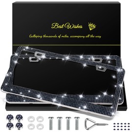 QUANQIUFEI 2 Pack Bling License Plate Frames for Women, Sparkly Rhinestone Diamond Car Accessories with Glitter Crystal Caps (Navy Blue)