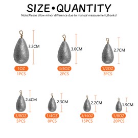 Fishing Weights Sinkers Kit Bass Bell Sinkers, 54pcs Assorted Casting Weight Sinker Saltwater Fishing Weights Assortment Tackle Box Size 1/8oz-1oz