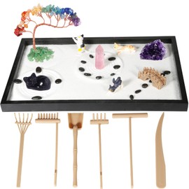 Dreamgirnh Zen Garden for Desk, with Crystals and Healing Stones & Cat Figurines, Miniature Meditation Sand Garden Stress Relief Desk Decor, Tools for Relaxation and Mindfulness