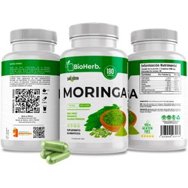 BioHerb. Moringa 100% Pura (180 Capsulas 500mg) - [Potente SuperFood] | Alta Concentracion de Vitamina C y Antioxidantes| Absorcion Potenciada | Maxima Eficacia | Calidad Suprema | Suministro Para 90 Dias |- Organic Moringa Powder - BioHerb