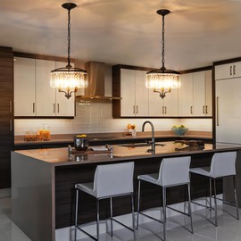 Yidelloc Modern Crystal Chandelier Dining Room Black Gold Farmhouse Glass Pendant Light Fixture 3 Light Adjustable Hanging for Kitchen Island Foyer Bedroom Living Room Hallway