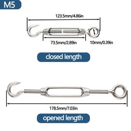 huruirui M5 Turnbuckle Rope Tensioner Stainless Steel 304 Wire Rope Tensioner Turnbuckles with Hook and Eye Adjustable Wire Rope Tensioner for Awning Trellis Garden Wire Rope System Tensioner 6 Pieces