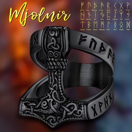 FaithHeart Nordic Ring Mens Viking Mjolnir Thors Hammer Band Finger Jewellery Black Steel Signet Rings Size S Comfort Fits
