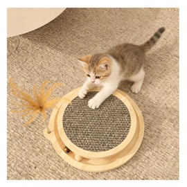 2-in-1 Cat Scratcher & Play Center - Solid Pine Wood with Sisal Pad, Bell & Wood Ball Toys - Aesthetic Cat Scratcher for Indoor Cats, Durable Alternative to Cardboard Scratchers (30x30cm)