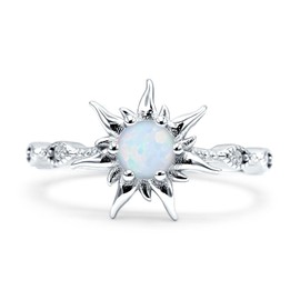 OMRANII Created White Opal Size-10 Sun Ring Round Shaped Vintage Style Marquise Design Nature Inspired Wedding Enaggement Ring Solid 925 Sterling Silver