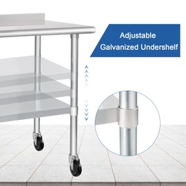 HARDURA Stainless Steel Table 24 x 36 Inches with Wheels Casters NSF Heavy Duty Commercial Prep Table with 2” Backsplash and Adjustable Undershelf for Restaurant Kitchen Home and Hotel