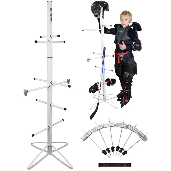 Hockey Gear Dryer Rack - Metal Sports Gear Storage Dry Rack for Drying and Storing Adult and Child Sports Equipment - 4 Additional Hanging Clips and Wrist Band Included