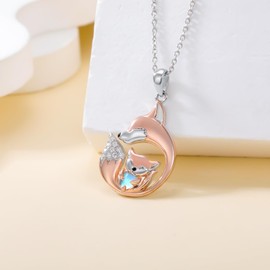 Fox Necklace 925 Sterling Silver Two Foxes Moonstone Pendant Necklaces Animal Jewelry Birthday Gifts for Her Mom Wife Fox Lovers
