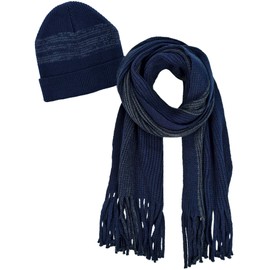 Luxury Divas Navy Blue and Gray Mens Winter Knit Hat and Scarf Set