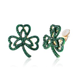 EVER FAITH St. Patrick's Day Lucky Three Leaf Clover Clip-on Stud Earring, Heart-Shaped Crystal Green Celtic Knot Clip on Earring Irish Holiday Jewellery Gift for Women