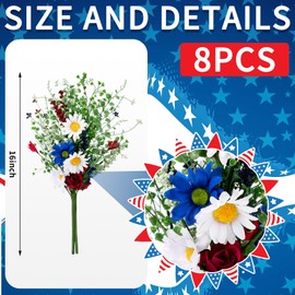 Lyrow 8 Pcs 4th of July Artificial Flowers Red White and Blue Patriotic Flowers Picks Daisy Decoration Independence Day Fake Silk Wildflowers Bouquet for Table Home Vase Decor Memorial Day Party