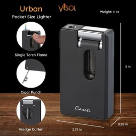 Caseti Urban Single Torch Flame Lighter, Built in Cutter, Built in Punch, Windproof Adjustable Flame Lighter (Shipped Without Butane) (Black)