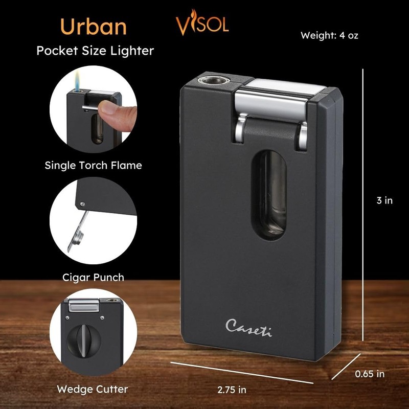Caseti Urban Single Torch Flame Lighter, Built in Cutter, Built