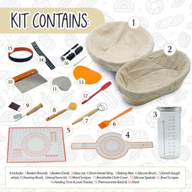 Sourdough Bread Baking Kit Full (15 Piece), Includes 34oz Sourdough Starter Jar, 2 Natural Rattan Proofing Baskets, Pastry Mat, Bread Sling, Dough Whisk, Scrapers, Lame, Perfect Tools for Bakers