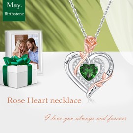 LAVUMO Women's Necklace 925 Silver Double Heart Rose Flower Chain Women's Birthstone Necklaces Mother's Day Birthday Valentine's Day Christmas Jewellery Gifts Women Mum Girlfriend, Sterling Silver, /