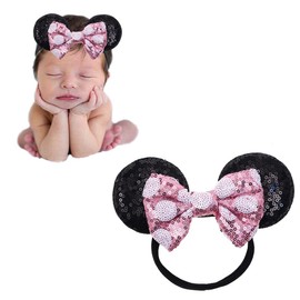 JIAHANG Mouse Ears Sequin Bow Hairband with Polka Dot, Hair Bow Nylon Headband, Soft Elastic Headwear for Baby Girl Newborn Party Supplies