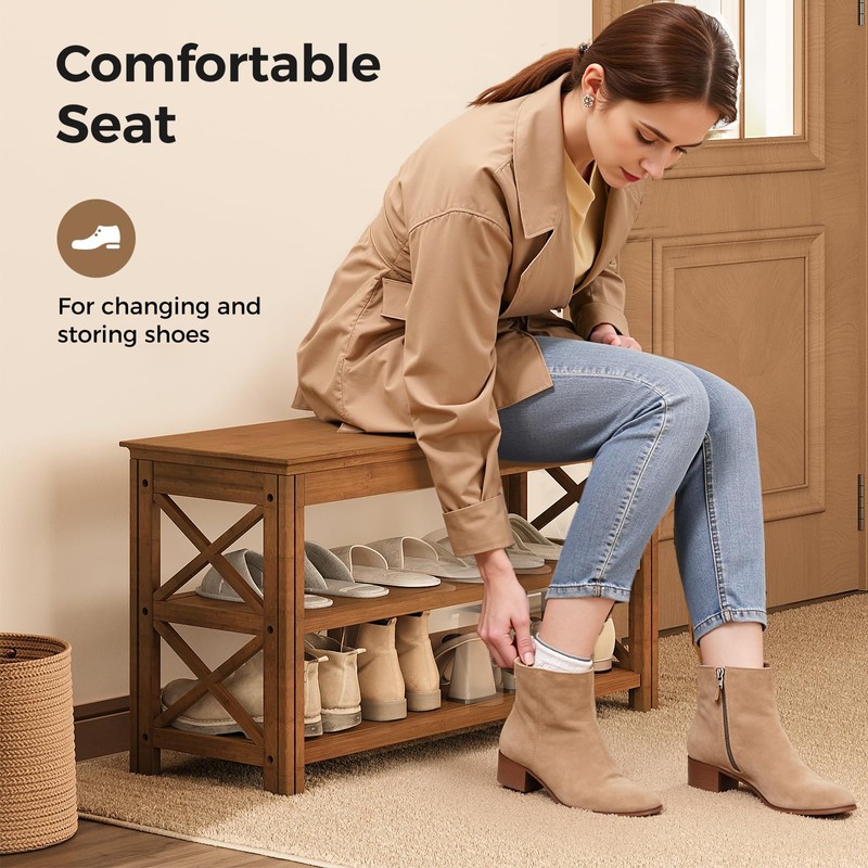 Shoe Rack Bench with Storage 3 Tier Bamboo Shoe Bench