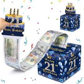 Blue Gold Money Gifts Packaging with 3D Pop Up Birthday Greeting Cards, 21st Birthday Gift Box Surprise Box, DIY Mystery Puzzle Box, Money Gift Packaging for Your Family, Children, Friends