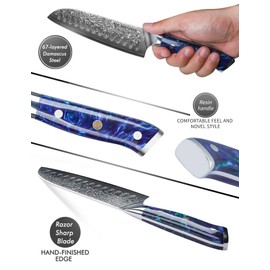 SANMUZUO Santoku Knife - 7 inch - Xuan Series - VG10 Damascus Steel Kitchen Knife - Resin Handle (Sapphire Blue)