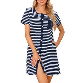 Lovasy Nightdresses for Women UK Cotton Nightdresses&Nightshirts Stripe Ladies Nighties Button Down Nigh Dress Short Sleeve Cotton Nighties Nightwear with Pockets,Navy Blue,M