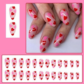 Press on Nails Medium Almond Fake Nails with Pink Red Heart Design Glue on Nails Cute False Nails Glossy Full Cover Stick on Nails Reusable Acrylic Nails for Women Manicure 24Pcs