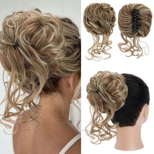 S-Noilite Claw Clip Messy Bun Hair Pieces Tousled Updo Hair Bun Hair Chignon Curly Wavy Hair Scrunchies Synthetic Ponytail Hair Extensions for Women - Light Brown & Ash Blonde