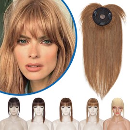12inch Hair Toppers Human Hair with Bangs Hair Mono Base Top Piece for Women Clip in Real Remy Hair Extensions （#6 Light Brown）