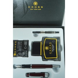 Cross Limited Series Diamond Cut Multi-groove Center Ring Bailey Medium nib Fountain Pen Gift Set with Bottled Ink, Converter and 6 Ink Cartridges - (RED LACQUER)