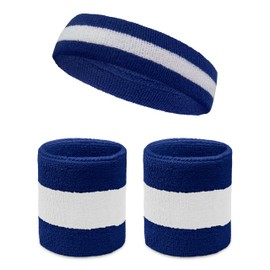 COUVER Sweatband Set Sports Headband Wristband Set Terry Cloth Moisture Wicking Sweat Absorbing Wrist Sweatbands Head Sweatband, White/Blue