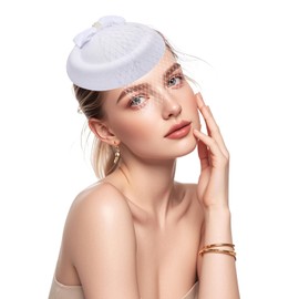 Fumwase 20s 50s Fascinators Hats Pillbox Mesh Net Veil Party Hat Vintage Mini Tea Party Headwear with Veil for Women Ladies (US, Alpha, One Size, White)