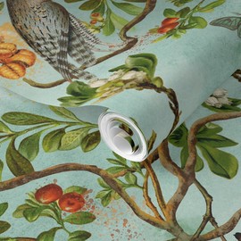 Removable Wallpaper Swatch - Vintage Birds Falcon Hawk Watercolor Chinoiserie Antiqued of Prey Blue Green Botanical Custom Pre-Pasted Wallpaper by Spoonflower